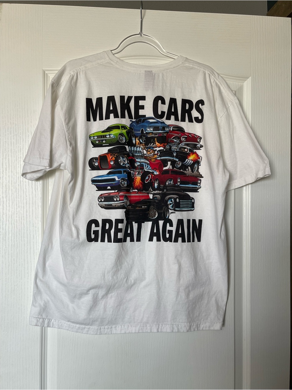Gildan White Tee with Multicolor Classic Car Graphic
